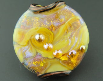 Lampwork Glass Lentil Bead Focal Iridescent Gold Blue