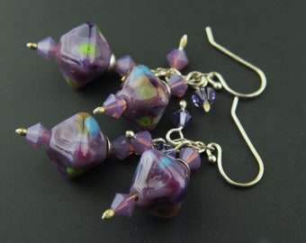 Sterling Silver Earrings, Purple Glass Beads, Crystals