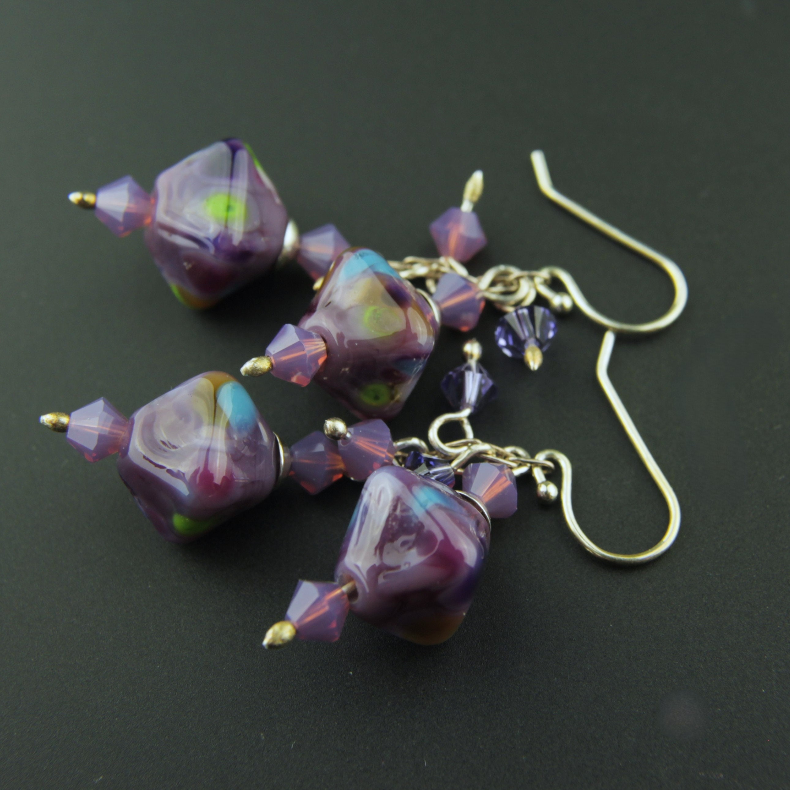 Sterling Silver Earrings, Purple Glass Beads, Crystals