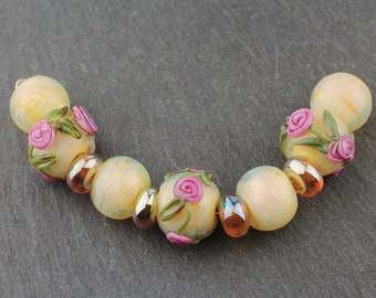 Lampwork Beads Set, Gold Iridescent Glass, Pink Roses