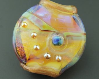 Lampwork Glass Lentil Bead Focal Iridescent Gold Blue