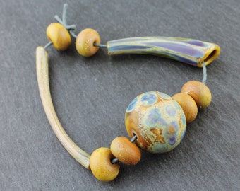 Lampwork  Glass Beads Set ORganiC,  Hollow, Tube Beads Chunky, Brown, Blue, Silver