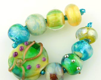Handmade Lampwork Glass Beads Set, Iridescent with Roses