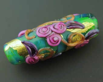 Lampwork Glass Beads, Focal Barrel, Iridescent Green with Pink Roses, 'Fiorato'