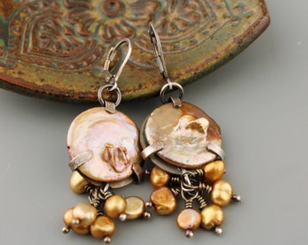 Sterling Silver Earrings, Freshwater Pearls, Oxidized Dangle
