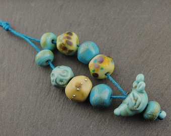 Lampwork Beads Set Round, Organic, Aqua, Turquoise, Brown, Blue with Bird