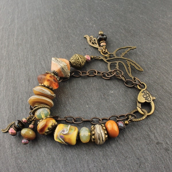 Lampwork Bracelet, Antique Brass, Chunky, Glass Beads, Earthy Beaded Jewelry