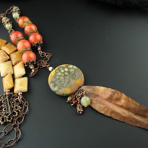Lampwork Necklace - Antique Copper Chain,   Beaded Jewelry, Gemstones, Brown, Orange, Gold