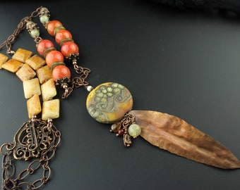 Lampwork Necklace - Antique Copper Chain,   Beaded Jewelry, Gemstones, Brown, Orange, Gold