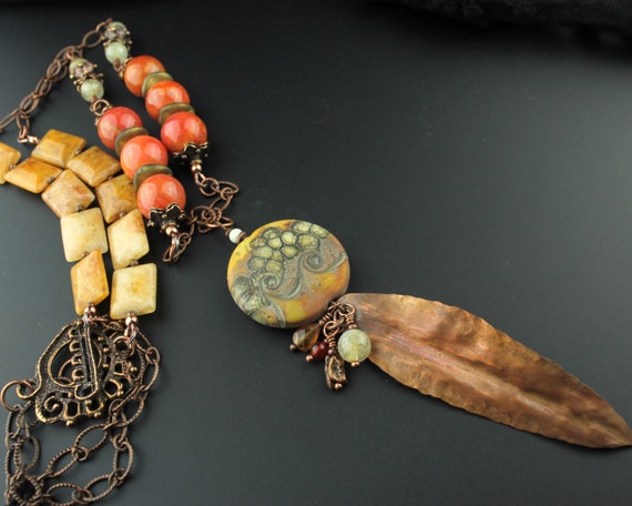 Lampwork Glass Bead Necklace - Antiqued Copper Chain, Gemstones, Brown, Orange, Gold