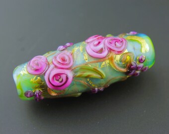 Lampwork Glass Beads, Focal Barrel, Iridescent Aqua with Pink Flowers, 'Fiorato'