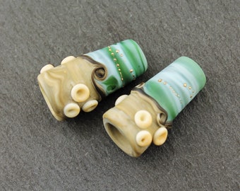 Lampwork Glass Bead Cones Etched Matte Turquoise Ivory Beach Ocean