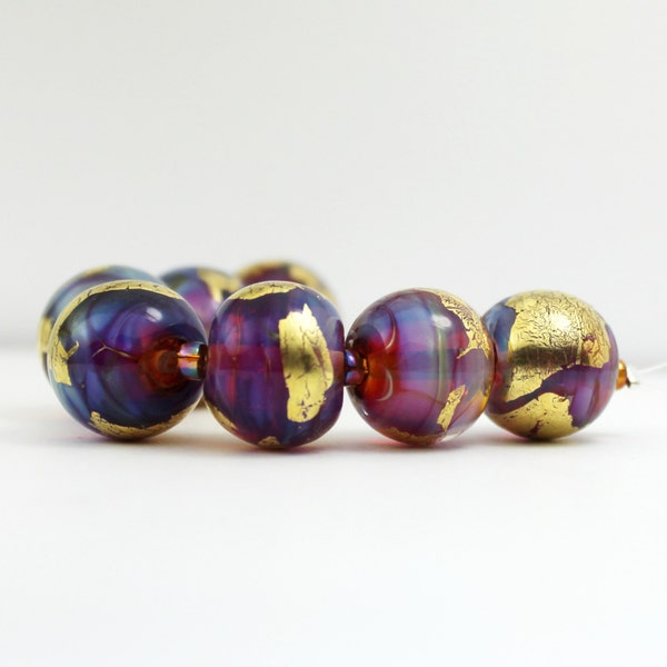 Lampwork Glass Bead Set Iridescent Hot Pink Lavender Blue Gold Leaf  'Golden Sunset'