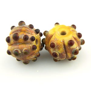 Lampwork Beads, Earring Pair, Sea Urchin, Seashell Shell Etched Matte Glass, Brown Silver