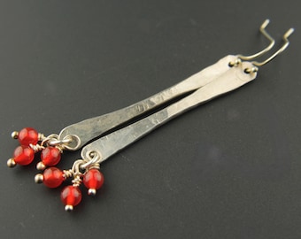 Sterling Silver Earrings, Hammered Silver Metal, Carnelian Gemstones