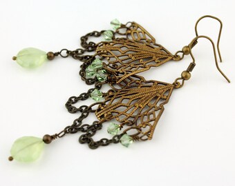 Long Chandelier Earrings, Antiqued Brass Filigree, Boho Beaded Jewelry 'Gypsy Romance'