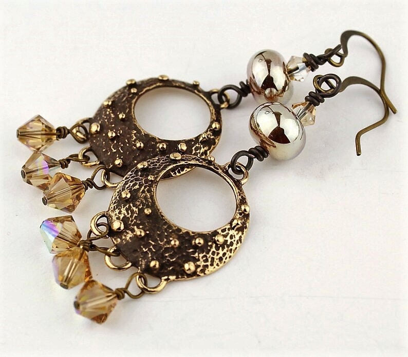 Lampwork Earrings Antique Brass Bronze Iridescent Beaded Jewelry 'Bellissima' image 1