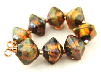 Lampwork Glass Beads, Iridescent Gold, Black, Copper, Diamond Shape