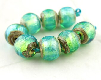 Handmade Glass Lampwork Beads Set, Iridescent Green, Blue, Teal