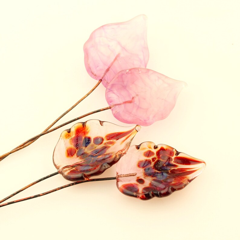 Glass Leaf Head Pins Matte Pink, Headpin on 20Ga Antique Copper Wire Lampwork Headpins