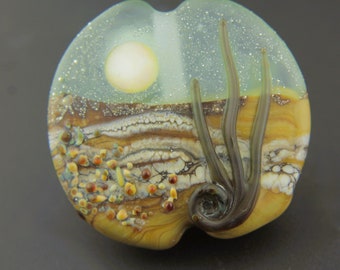 Lampwork Glas Focal Bead Mat Blauw, Groen, Beige