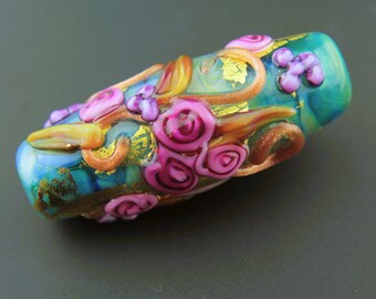 Lampwork Glass Beads, Focal Barrel, Iridescent Blue with Pink Roses, 'Fiorato'