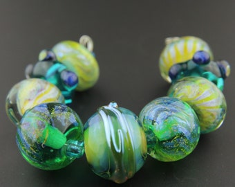 Handmade Lampwork Glass Beads Set, Green, Blue, Teal