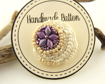 Hand Beaded Button, Embroidery, Cream, Lavender (33mm)