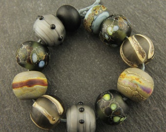 Lampwork Beads Set  Organic, Etched Matte, Gray, Brown, Silver  'Summer Neutrals'