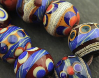 Handmade Glass Lampwork Bead Set Blue, Brown, Gray, Dots