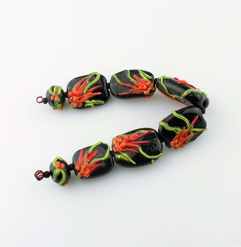 Orange Lampwork Glass Bead Set with Tropical Flowers Green Black Red Beads