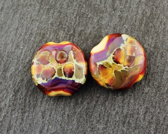 Lampwork Glass Beads, Autumn Fire Lentil Pair, 18mm