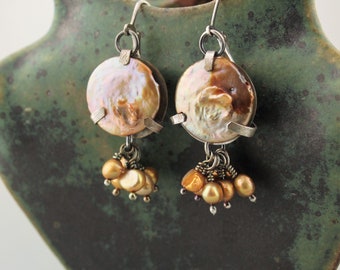 Sterling Silver Earrings - Freshwater Pearls,  Oxidized  Dangle Earrings