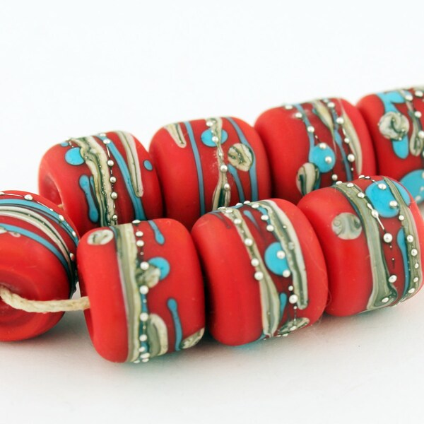 Lampwork Glass Bead Set, SRA Tribal Matte Etched Rustic Organic Red Turquoise Silver 'Trade Relics'