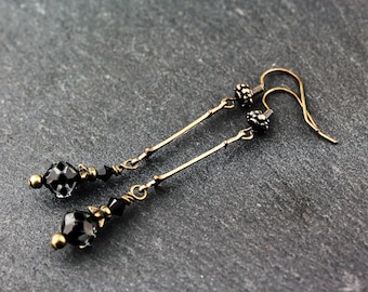 Crystal Beaded Earrings, Black, Antiqued Brass, Long Beaded Jewelry