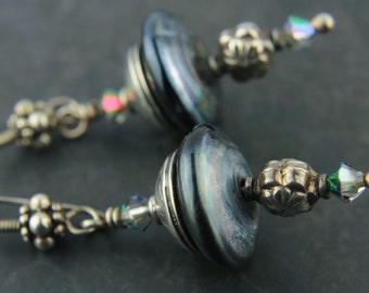 Lampwork Earrings, Sterling Silver, Metallic Black &#39;Evening City&#39;