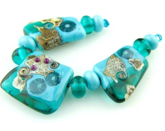 Lampwork Glass Beads Set, Top Drilled, Turquoise, Teal Blue