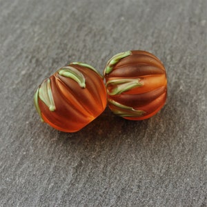 Lampwork Glass Bead Pair Topaz Matte Etched &#39;Autumn Pumpkins&#39;