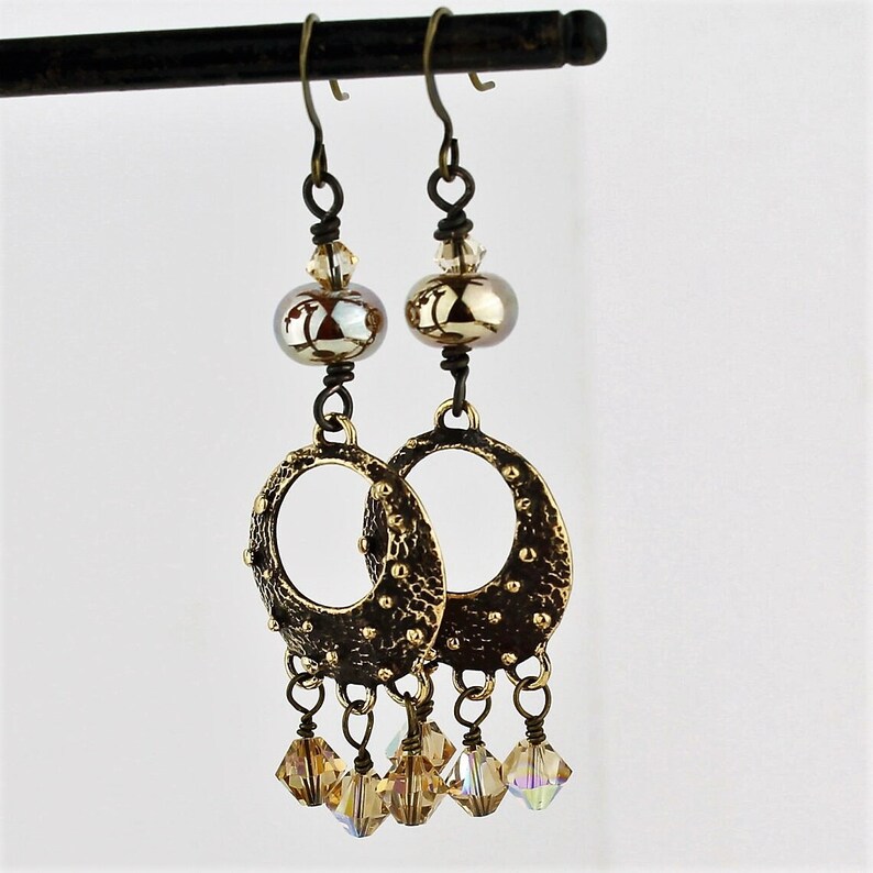 Lampwork Earrings Antique Brass Bronze Iridescent Beaded Jewelry 'Bellissima' image 2