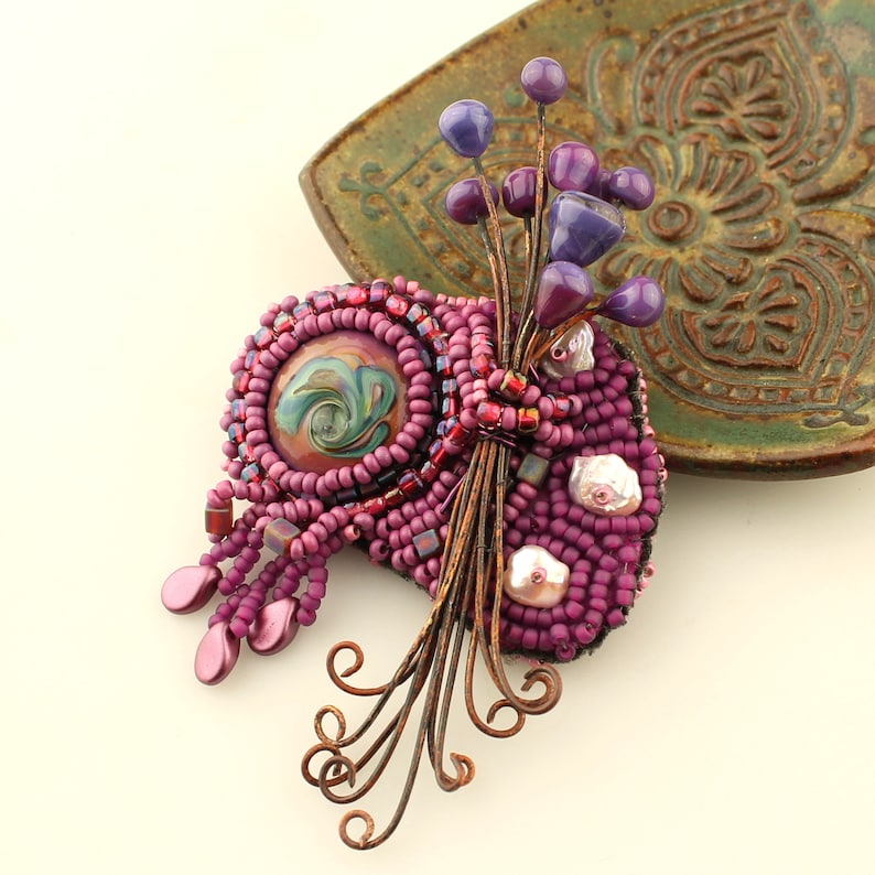 Bead Embroidery Pin Purple Pink Beaded Brooch with Lampwork Cabochon