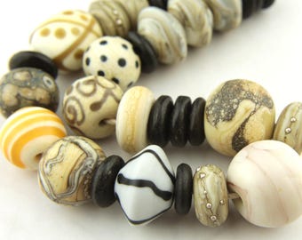 Glass Lampwork Beads Set, Beige, Ivory, Gray, Black, with Wooden Beads