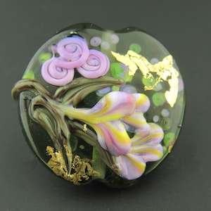 Lampwork Glass Lentil Focal, Flower Bead, Artisan Green Murano Glass