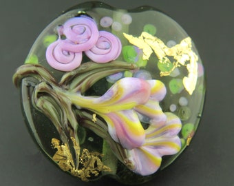 Lampwork Glass Lentil Focal, Flower Bead, Artisan Green Murano Glass