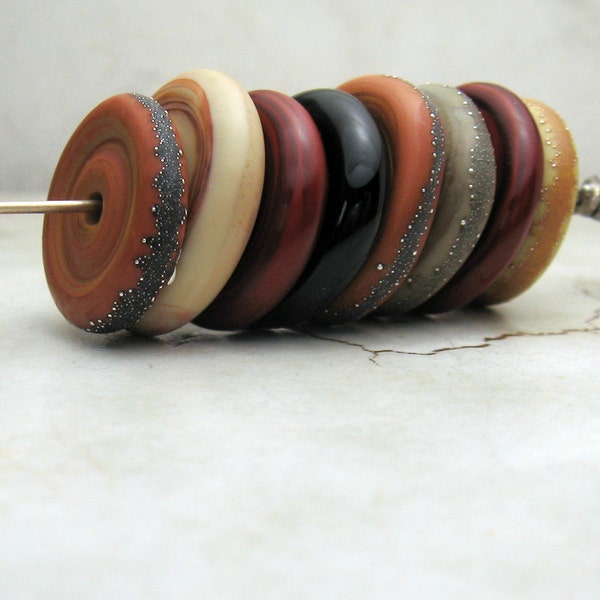 Handmade Lampwork Glass Beads, SRA,  Rustic Chunky Disks, Black, Brown, Gold, Set of 8 by Sheila Davis