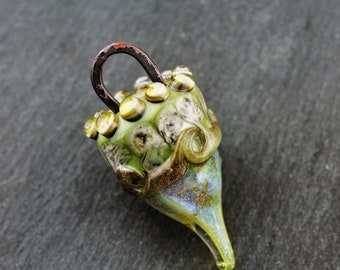 Lampwork Bead Rustic Pod Charm on Antique Copper Wire, Green, Gold
