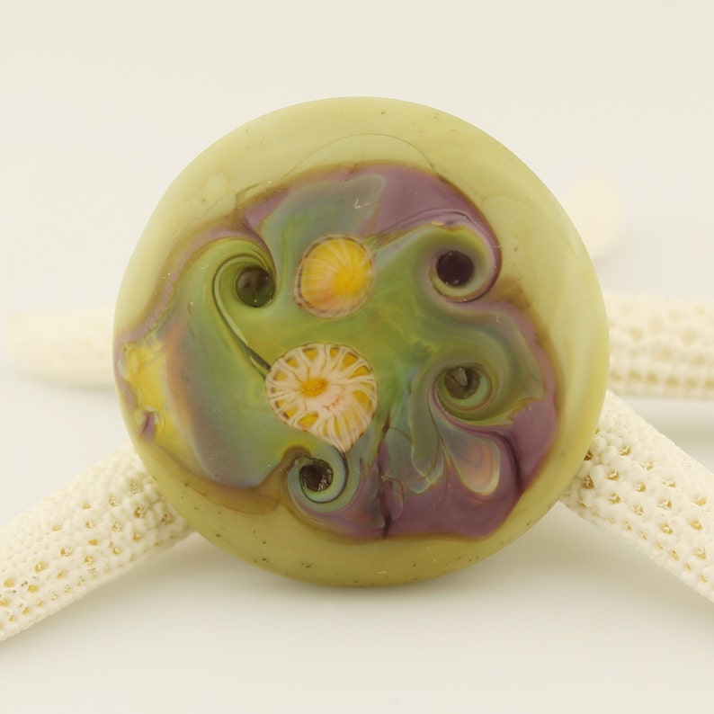Purple Green Lampwork Glass Cabochon SRA Focal for Beadwork or Bezel Etched Matte
