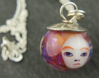 Pendant, Lampwork Glass, Sterling Silver 'Three Faces of Eve'