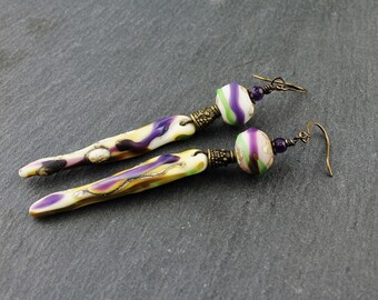 Lampwork Earrings, Antiqued Brass, Boho Long, Rustic Beaded Jewelry, Green, Purple, Beige