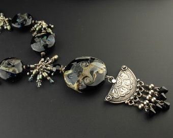 Handmade Necklace, Sterling Silver, Chunky, Black Glass Beads, 'Under the Stars'