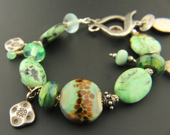 Bracelet, Sterling Silver, Turquoise Gemstones, Handmade Glass Beads